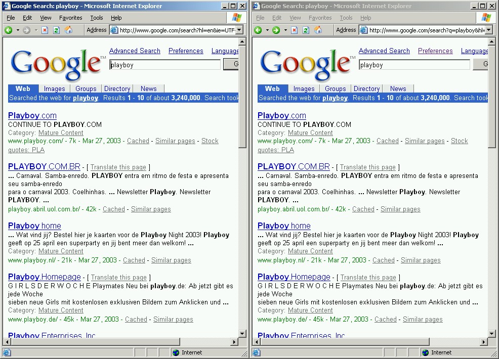 Snapshot showing that Google offers identical results for a search on 'playboy' whether filtering is disabled or set to 'moderate'