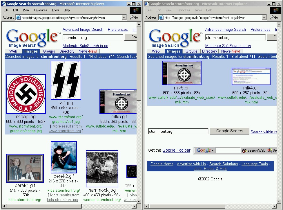 Comparison of images.google.com results (left window) and images.google.de (right) for search term 'stormfront.org'