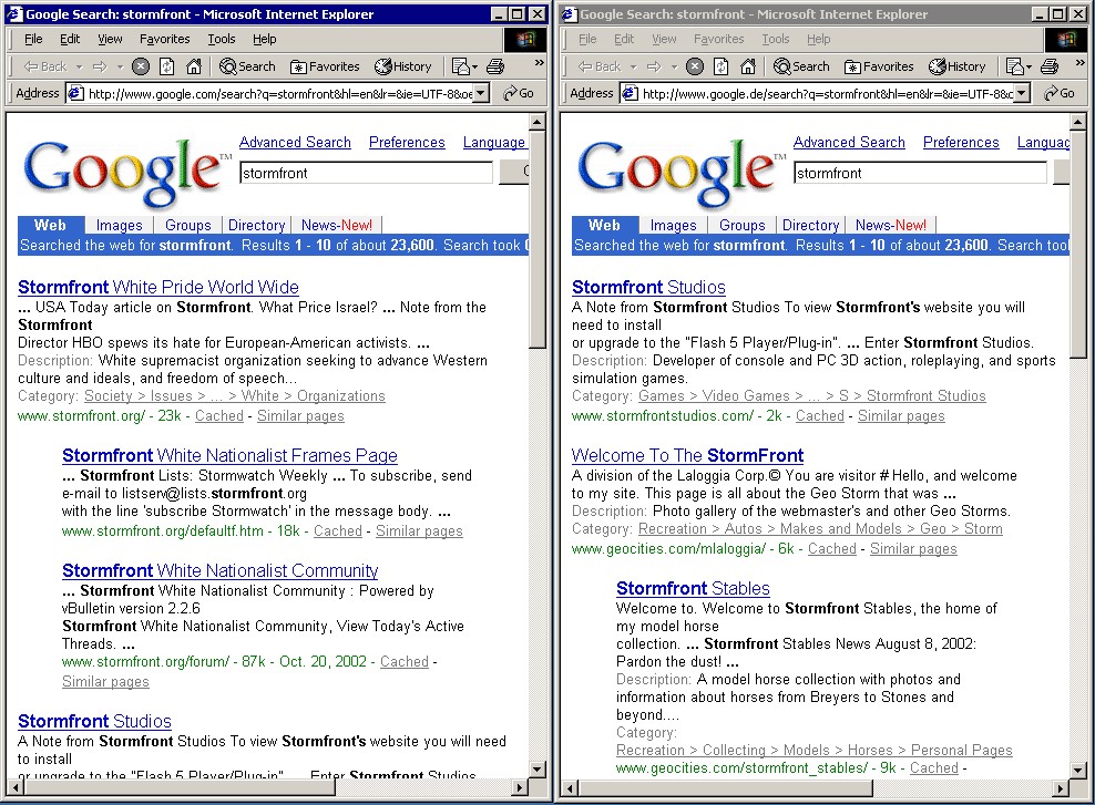 Comparison of google.com results (left window) and google.de (right) for search term 'stormfront'